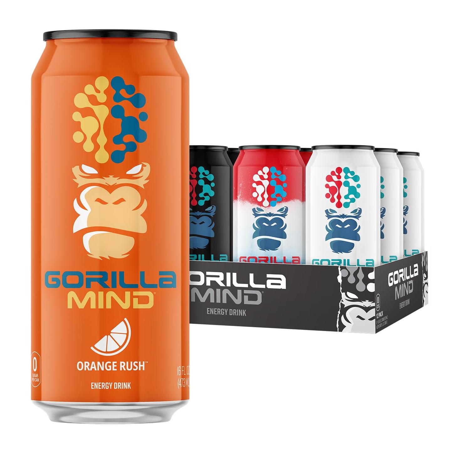Gorilla Mind Energy Drink | Unmatched Energy · Amplified Focus | N-Acetyl-L-Tyrosine, Alpha-GPC, 200mg Caffeine, Uridine, Saffron | 0 Sugar Or Artificial Colors | 16oz | 12-Pack (Variety Pack #2)