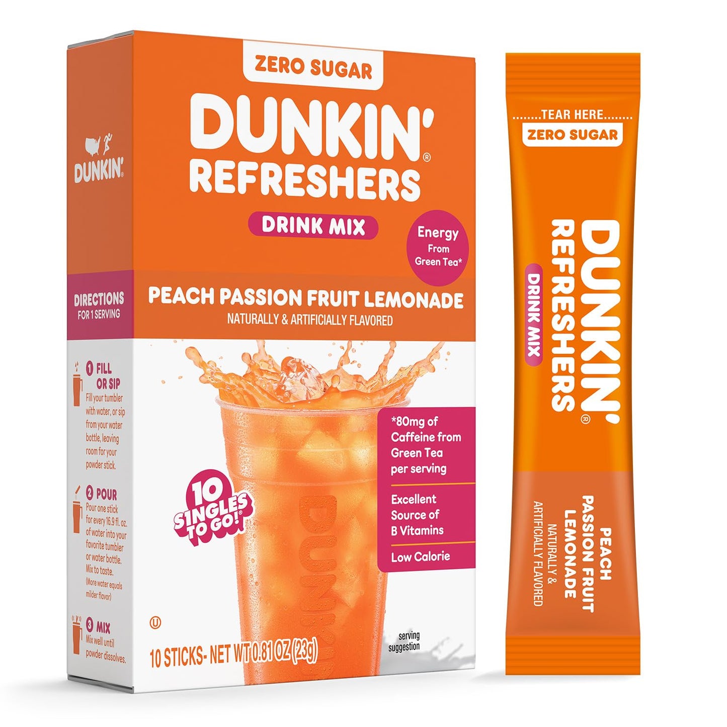 Dunkin’ Refreshers Singles To Go! Zero Sugar Powdered Drink Mix, 40 Ct Variety Pack, Energy from Green Tea, Aspartame-Free, No Synthetic Colors, 40 Single-Serve Packets, Just Add Water