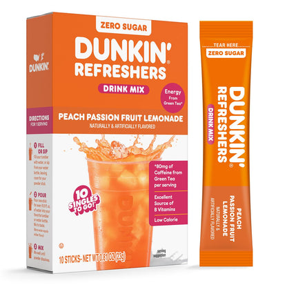 Dunkin’ Refreshers Singles To Go! Zero Sugar Powdered Drink Mix, 40 Ct Variety Pack, Energy from Green Tea, Aspartame-Free, No Synthetic Colors, 40 Single-Serve Packets, Just Add Water