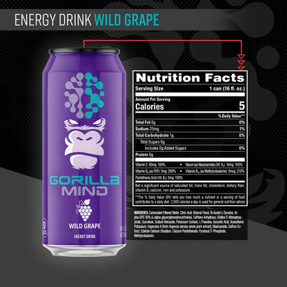 Gorilla Mind Energy Drink | Unmatched Energy · Amplified Focus | N-Acetyl-L-Tyrosine, Alpha-GPC, 200mg Caffeine, Uridine, Saffron | 0 Sugar Or Artificial Colors | 16oz | 12-Pack (Variety Pack #2)