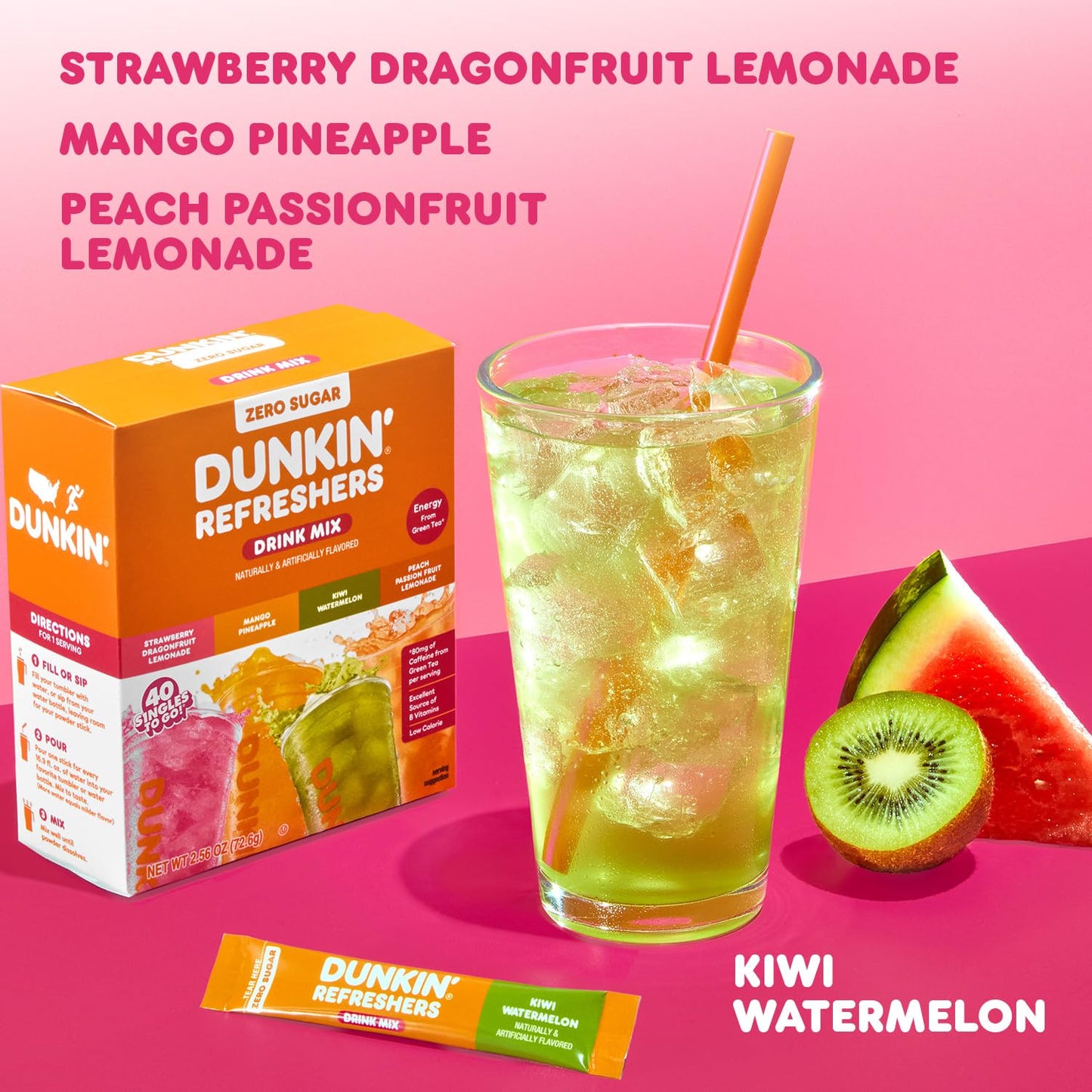 Dunkin’ Refreshers Singles To Go! Zero Sugar Powdered Drink Mix, 40 Ct Variety Pack, Energy from Green Tea, Aspartame-Free, No Synthetic Colors, 40 Single-Serve Packets, Just Add Water