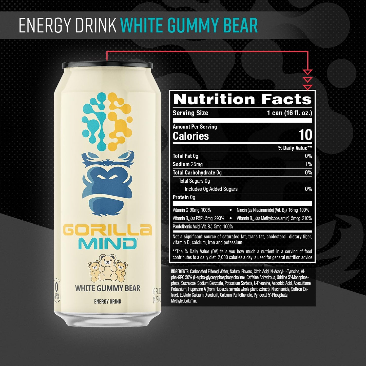 Gorilla Mind Energy Drink | Unmatched Energy · Amplified Focus | N-Acetyl-L-Tyrosine, Alpha-GPC, 200mg Caffeine, Uridine, Saffron | 0 Sugar Or Artificial Colors | 16oz | 12-Pack (Variety Pack #2)