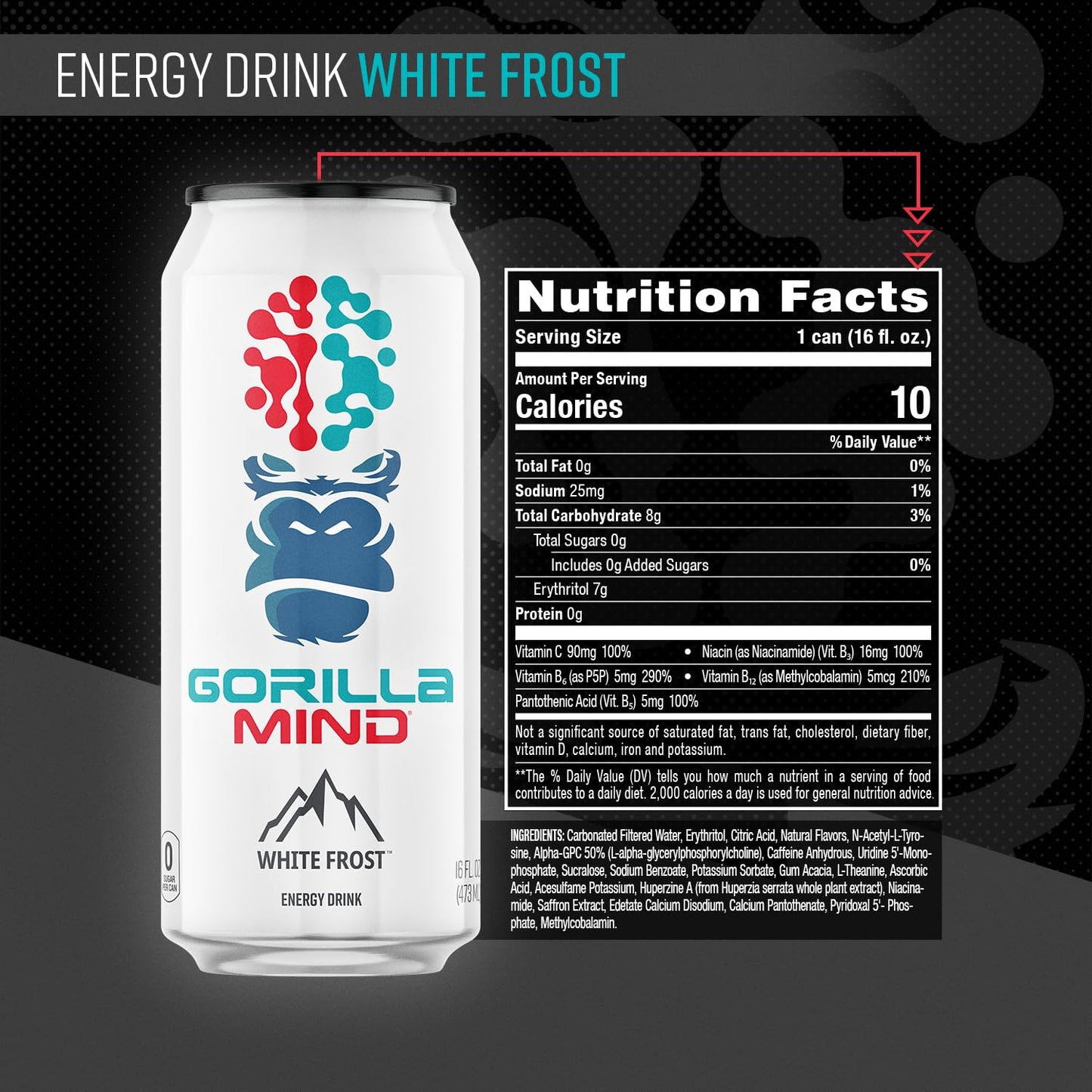 Gorilla Mind Energy Drink | Unmatched Energy · Amplified Focus | N-Acetyl-L-Tyrosine, Alpha-GPC, 200mg Caffeine, Uridine, Saffron | 0 Sugar Or Artificial Colors | 16oz | 12-Pack (Variety Pack #2)