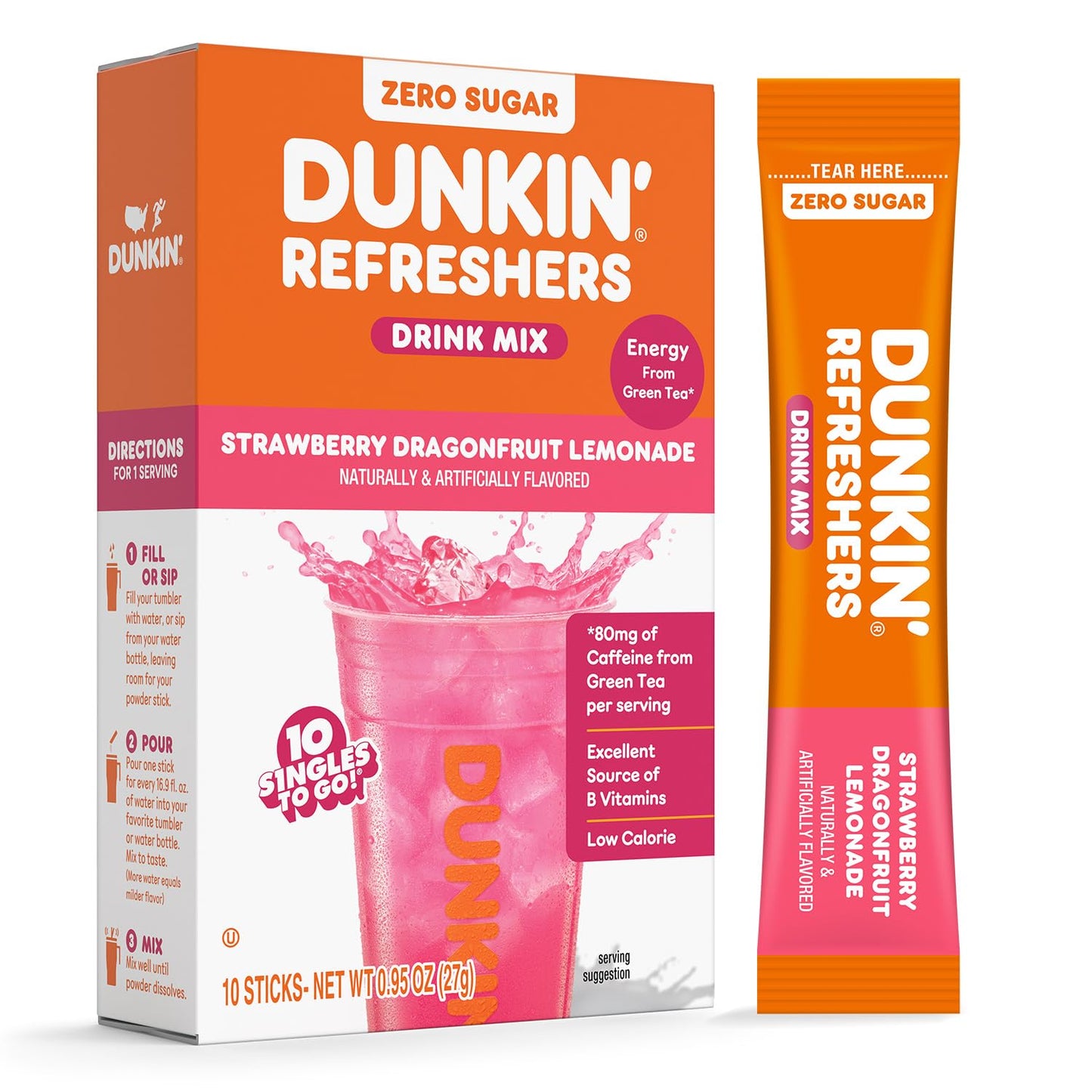 Dunkin’ Refreshers Singles To Go! Zero Sugar Powdered Drink Mix, 40 Ct Variety Pack, Energy from Green Tea, Aspartame-Free, No Synthetic Colors, 40 Single-Serve Packets, Just Add Water
