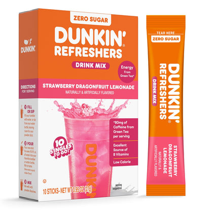 Dunkin’ Refreshers Singles To Go! Zero Sugar Powdered Drink Mix, 40 Ct Variety Pack, Energy from Green Tea, Aspartame-Free, No Synthetic Colors, 40 Single-Serve Packets, Just Add Water