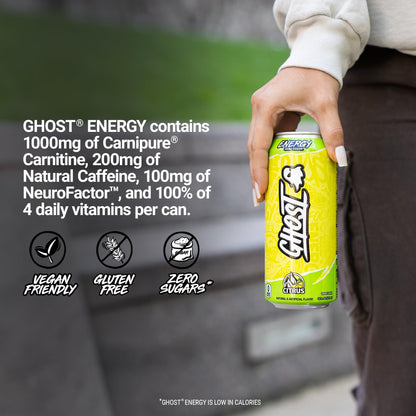 GHOST Energy Drink - 12-Pack, Swedish Fish, 16oz Cans - Energy & Focus & No Artificial Colors - 200mg of Natural Caffeine, L-Carnitine & Taurine - Gluten-Free & Vegan