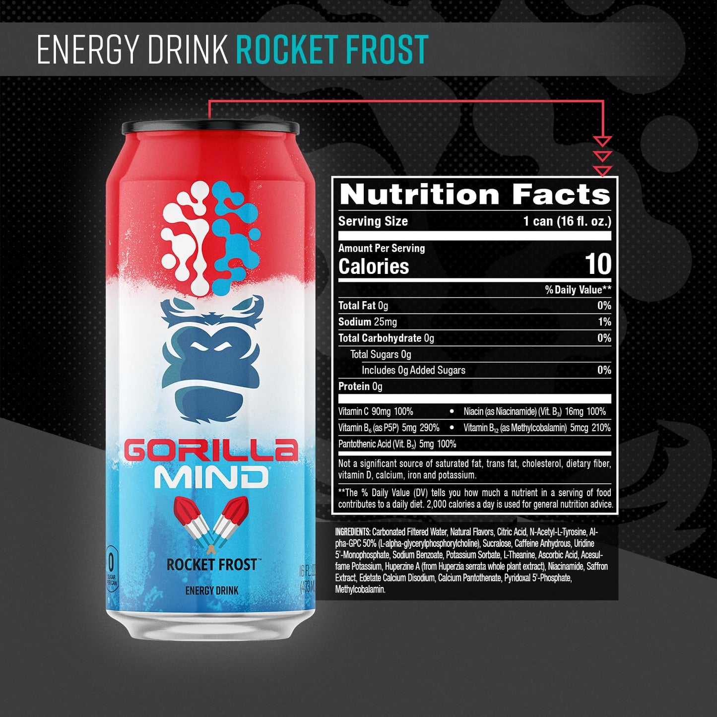 Gorilla Mind Energy Drink | Unmatched Energy · Amplified Focus | N-Acetyl-L-Tyrosine, Alpha-GPC, 200mg Caffeine, Uridine, Saffron | 0 Sugar Or Artificial Colors | 16oz | 12-Pack (Variety Pack #2)