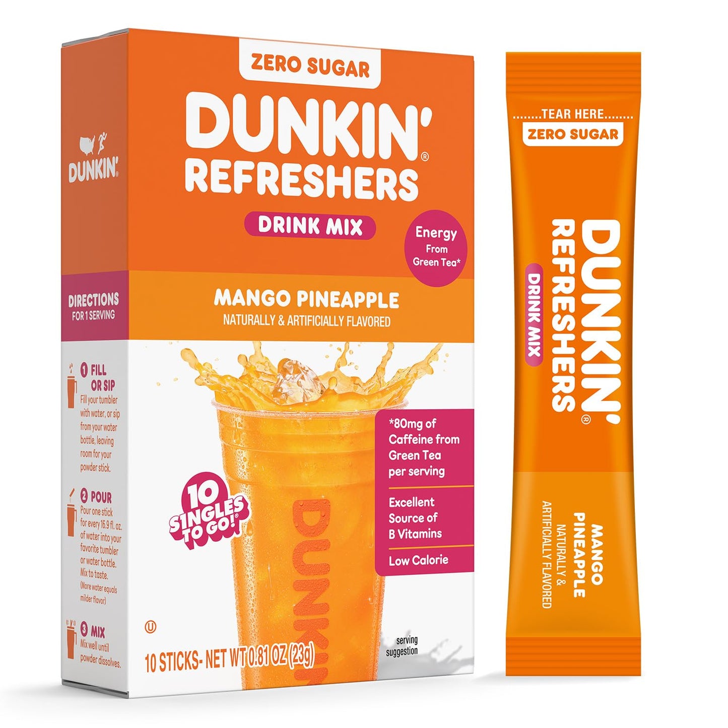 Dunkin’ Refreshers Singles To Go! Zero Sugar Powdered Drink Mix, 40 Ct Variety Pack, Energy from Green Tea, Aspartame-Free, No Synthetic Colors, 40 Single-Serve Packets, Just Add Water