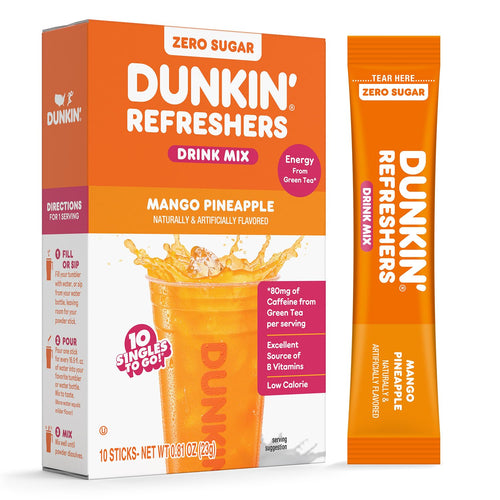 Dunkin’ Refreshers Singles To Go! Zero Sugar Powdered Drink Mix, 40 Ct Variety Pack, Energy from Green Tea, Aspartame-Free, No Synthetic Colors, 40 Single-Serve Packets, Just Add Water