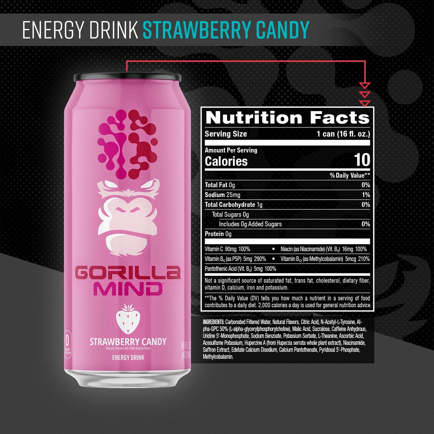 Gorilla Mind Energy Drink | Unmatched Energy · Amplified Focus | N-Acetyl-L-Tyrosine, Alpha-GPC, 200mg Caffeine, Uridine, Saffron | 0 Sugar Or Artificial Colors | 16oz | 12-Pack (Variety Pack #2)