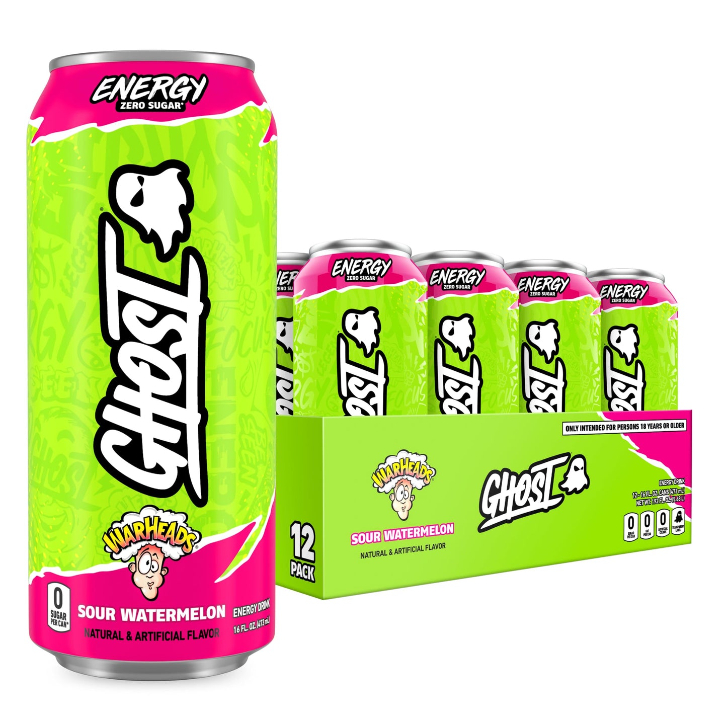 GHOST Energy Drink - 12-Pack, Swedish Fish, 16oz Cans - Energy & Focus & No Artificial Colors - 200mg of Natural Caffeine, L-Carnitine & Taurine - Gluten-Free & Vegan
