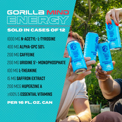 Gorilla Mind Energy Drink | Unmatched Energy · Amplified Focus | N-Acetyl-L-Tyrosine, Alpha-GPC, 200mg Caffeine, Uridine, Saffron | 0 Sugar Or Artificial Colors | 16oz | 12-Pack (Variety Pack #2)