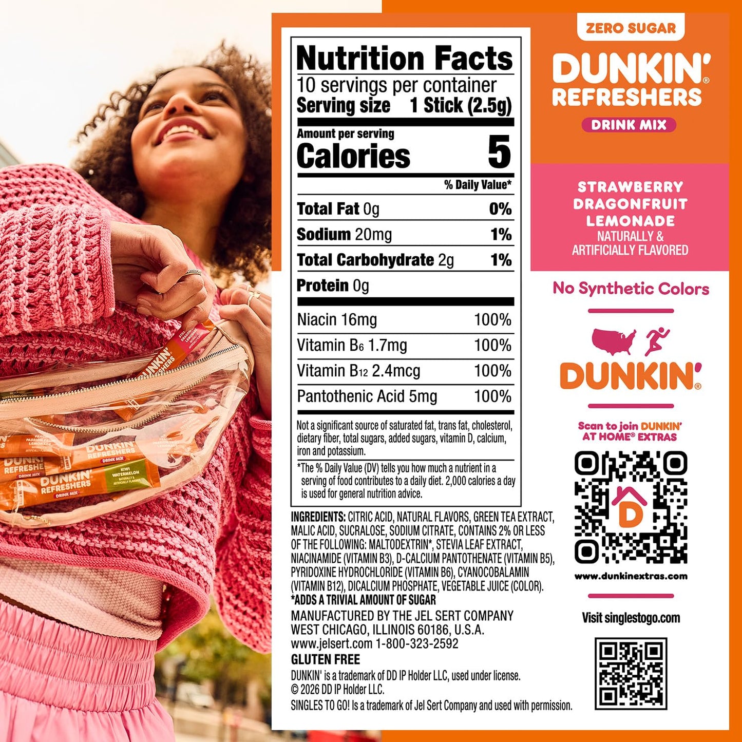 Dunkin’ Refreshers Singles To Go! Zero Sugar Powdered Drink Mix, 40 Ct Variety Pack, Energy from Green Tea, Aspartame-Free, No Synthetic Colors, 40 Single-Serve Packets, Just Add Water