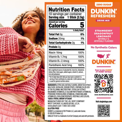 Dunkin’ Refreshers Singles To Go! Zero Sugar Powdered Drink Mix, 40 Ct Variety Pack, Energy from Green Tea, Aspartame-Free, No Synthetic Colors, 40 Single-Serve Packets, Just Add Water