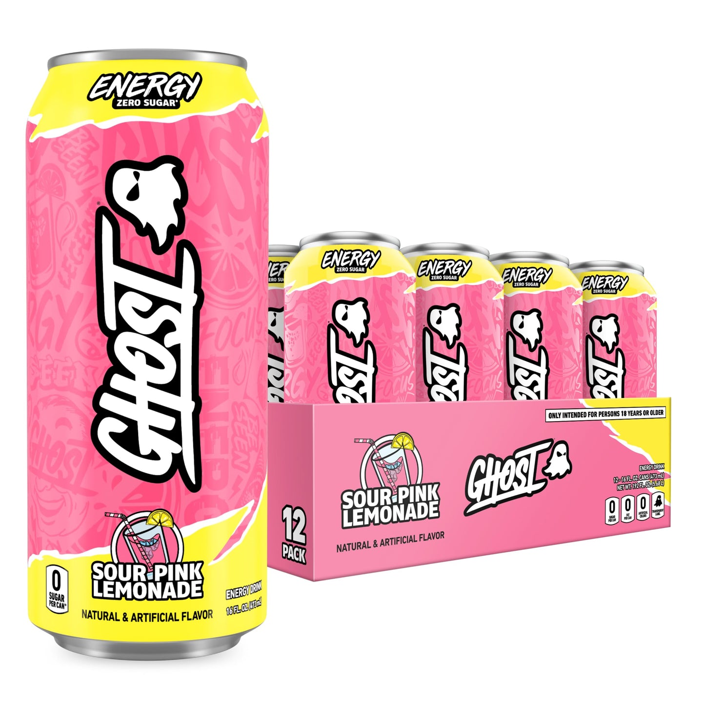 GHOST Energy Drink - 12-Pack, Swedish Fish, 16oz Cans - Energy & Focus & No Artificial Colors - 200mg of Natural Caffeine, L-Carnitine & Taurine - Gluten-Free & Vegan