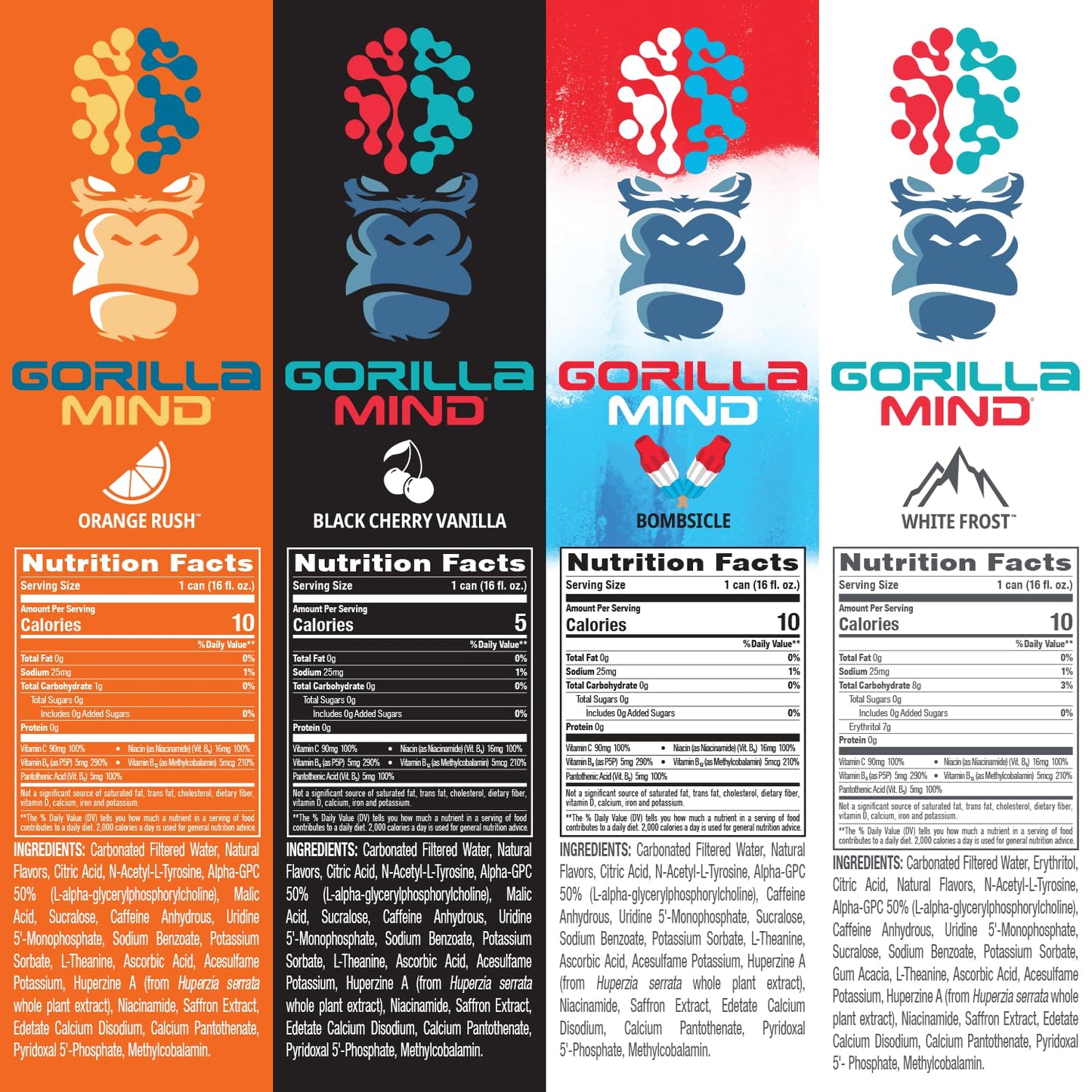 Gorilla Mind Energy Drink | Unmatched Energy · Amplified Focus | N-Acetyl-L-Tyrosine, Alpha-GPC, 200mg Caffeine, Uridine, Saffron | 0 Sugar Or Artificial Colors | 16oz | 12-Pack (Variety Pack #2)