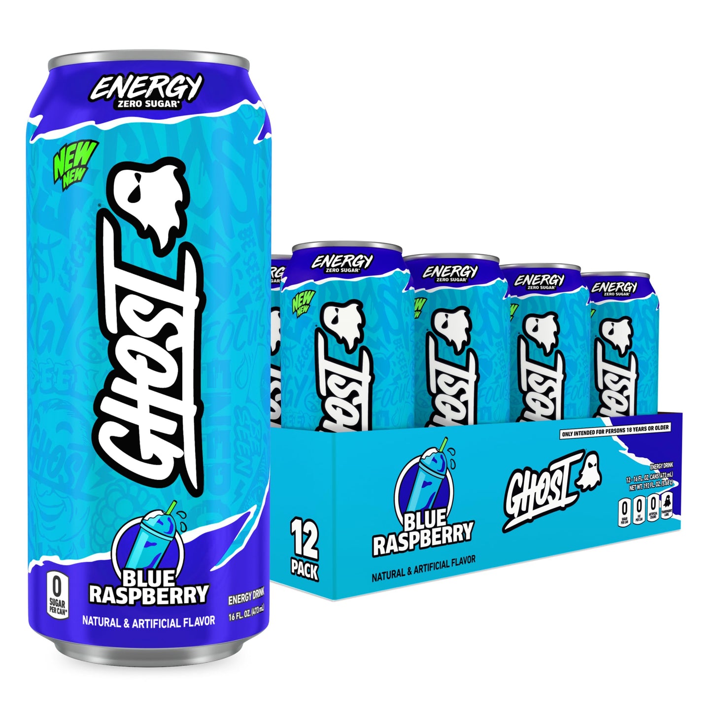 GHOST Energy Drink - 12-Pack, Swedish Fish, 16oz Cans - Energy & Focus & No Artificial Colors - 200mg of Natural Caffeine, L-Carnitine & Taurine - Gluten-Free & Vegan