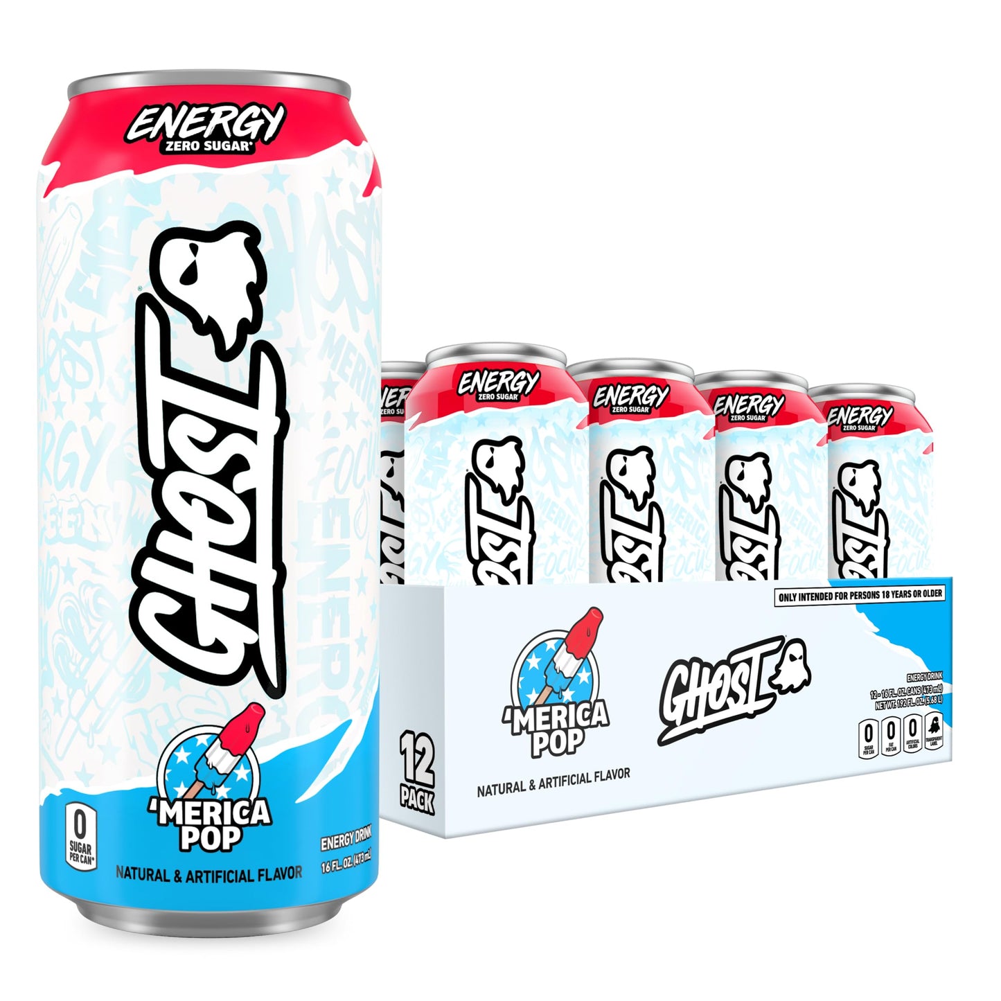 GHOST Energy Drink - 12-Pack, Swedish Fish, 16oz Cans - Energy & Focus & No Artificial Colors - 200mg of Natural Caffeine, L-Carnitine & Taurine - Gluten-Free & Vegan