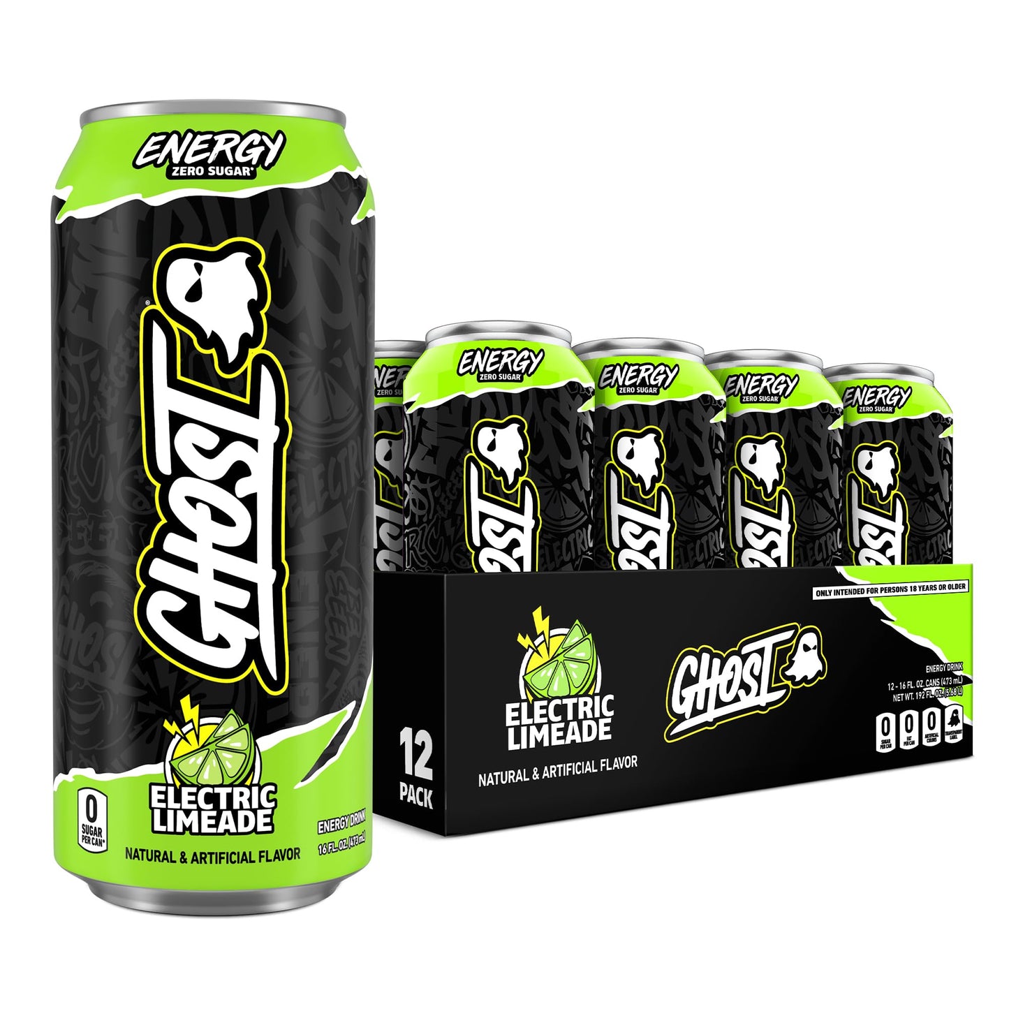 GHOST Energy Drink - 12-Pack, Swedish Fish, 16oz Cans - Energy & Focus & No Artificial Colors - 200mg of Natural Caffeine, L-Carnitine & Taurine - Gluten-Free & Vegan