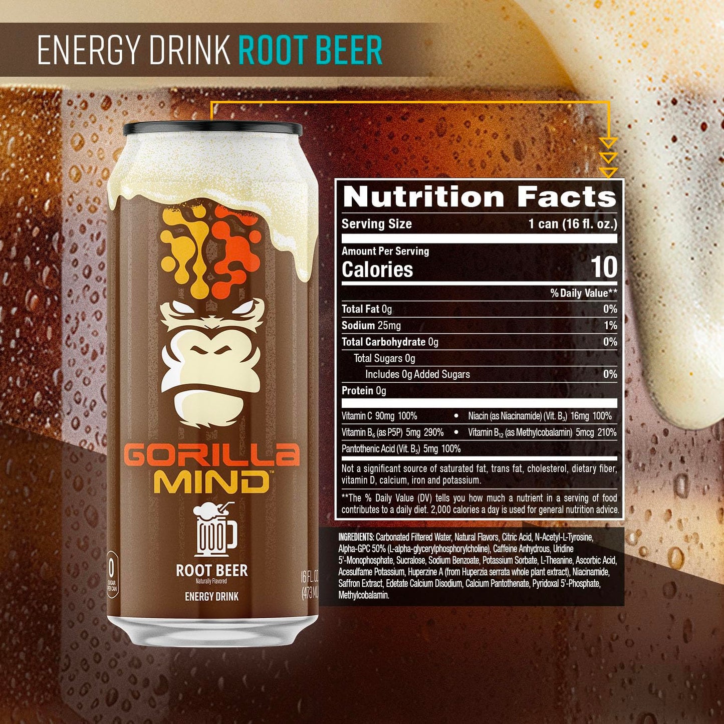 Gorilla Mind Energy Drink | Unmatched Energy · Amplified Focus | N-Acetyl-L-Tyrosine, Alpha-GPC, 200mg Caffeine, Uridine, Saffron | 0 Sugar Or Artificial Colors | 16oz | 12-Pack (Variety Pack #2)