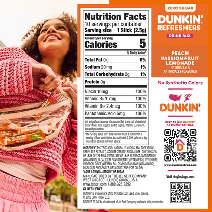 Dunkin’ Refreshers Singles To Go! Zero Sugar Powdered Drink Mix, 40 Ct Variety Pack, Energy from Green Tea, Aspartame-Free, No Synthetic Colors, 40 Single-Serve Packets, Just Add Water