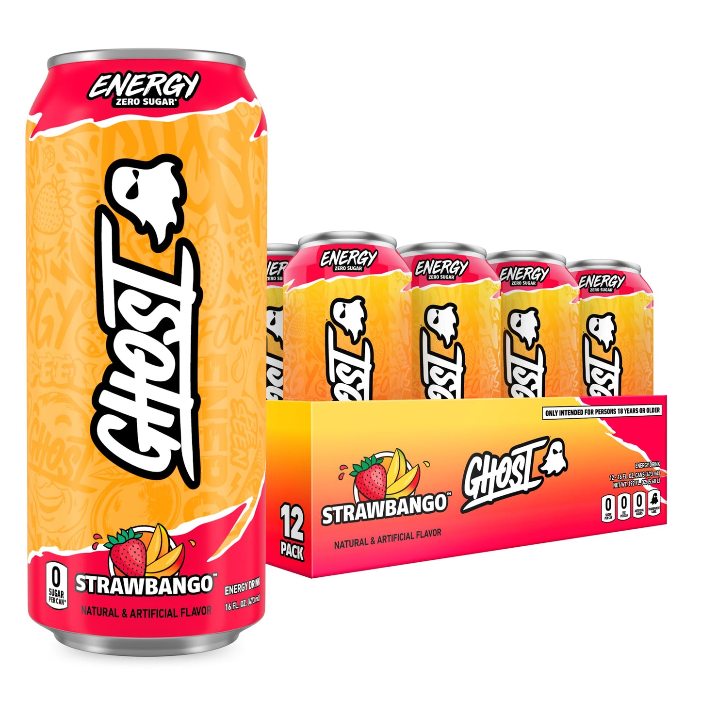 GHOST Energy Drink - 12-Pack, Swedish Fish, 16oz Cans - Energy & Focus & No Artificial Colors - 200mg of Natural Caffeine, L-Carnitine & Taurine - Gluten-Free & Vegan