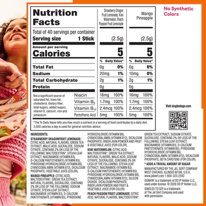 Dunkin’ Refreshers Singles To Go! Zero Sugar Powdered Drink Mix, 40 Ct Variety Pack, Energy from Green Tea, Aspartame-Free, No Synthetic Colors, 40 Single-Serve Packets, Just Add Water