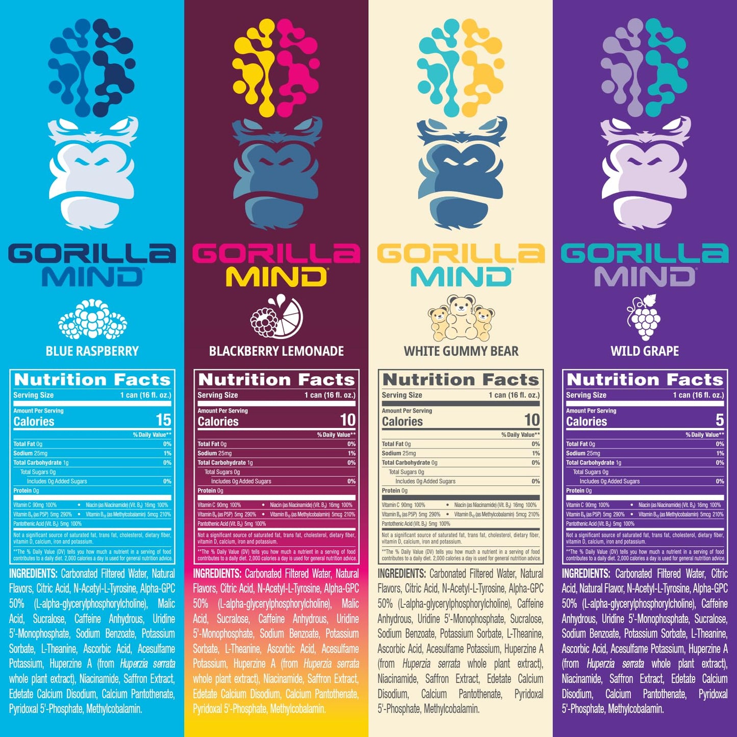 Gorilla Mind Energy Drink | Unmatched Energy · Amplified Focus | N-Acetyl-L-Tyrosine, Alpha-GPC, 200mg Caffeine, Uridine, Saffron | 0 Sugar Or Artificial Colors | 16oz | 12-Pack (Variety Pack #2)