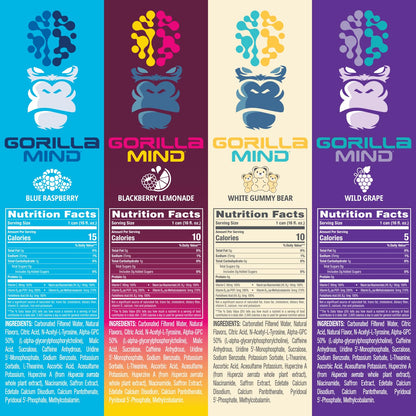Gorilla Mind Energy Drink | Unmatched Energy · Amplified Focus | N-Acetyl-L-Tyrosine, Alpha-GPC, 200mg Caffeine, Uridine, Saffron | 0 Sugar Or Artificial Colors | 16oz | 12-Pack (Variety Pack #2)